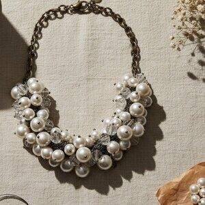 🫧 J. Crew BubblePearl & Crystal Cluster Bib Necklace - Gunmetal Chain Statement